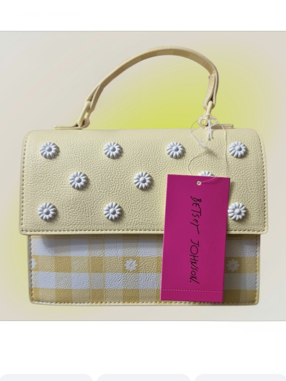 Betsey Johnson Yellow Daisy Studded Satchel Gingham Crossbody bag